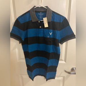 American Eagle men’s medium slim fit polo blue with black stripes, NWT